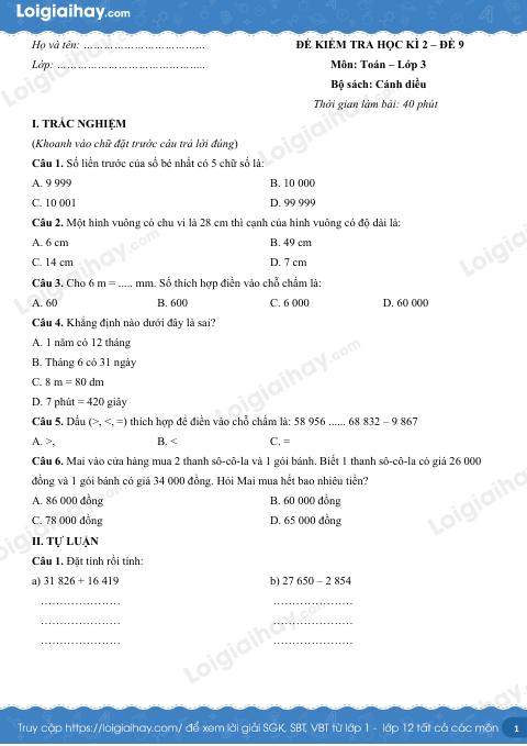 Đề kiểm tra học kì 2 Toán 3 Cánh diều - Đề số 9